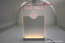Individuell gestaltbarer Thekenaufsteller COCKTAILS + Ihr Logo mit indirekter Bi-Color LED Beleuchtung + Stift