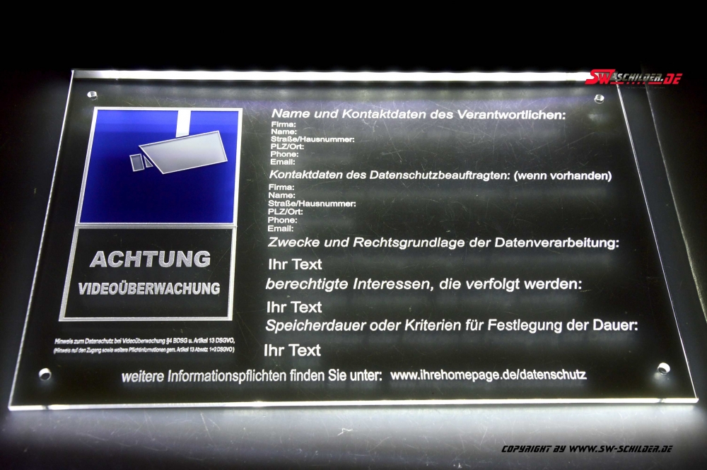 LED Hinweisschild Achtung Videoüberwachung Version 2 mit indirekter LED  Beleuchtung Gravur für DSVGO