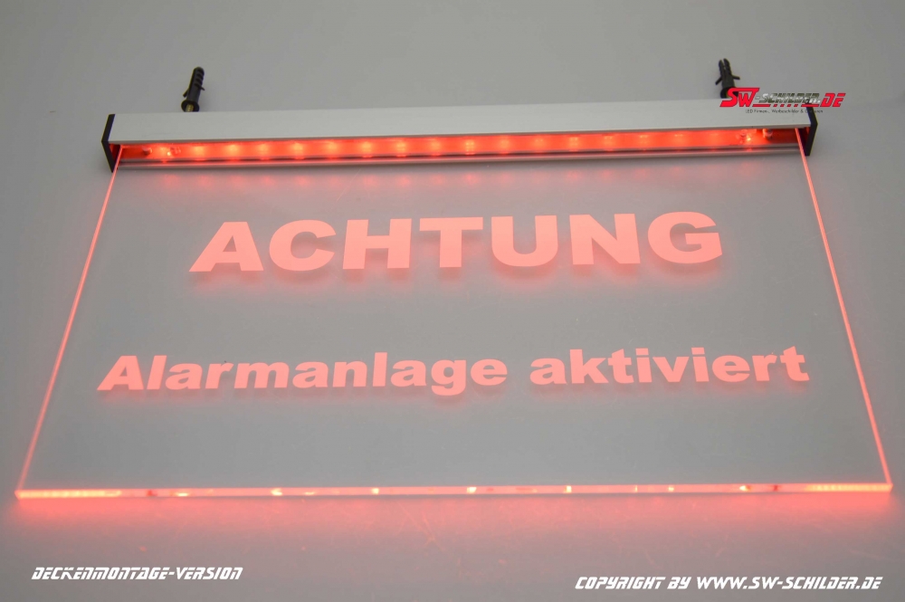 LED graviertes Hinweisschild ACHTUNG ALARMANLAGE AKTIVIERT mit